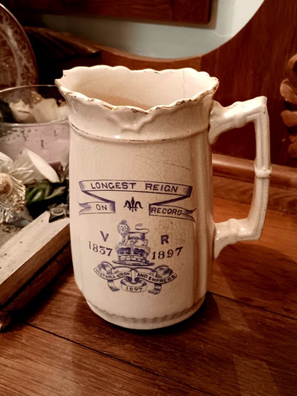 1897 Ceramic Pitcher - Queen Victoria Diamond Jubilee ~ 6.5"h, w/gold paint